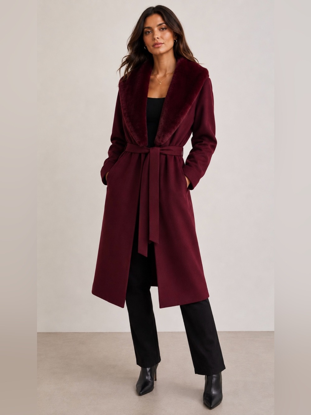Vertigo Paris Plush Collar Long Robe in Deep Wine